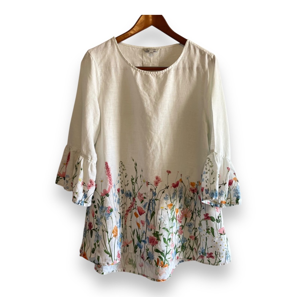 John Mark Women White Linen Floral Print Ruffle Bell Sleeve Tunic Top Large